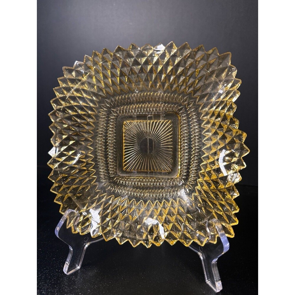 Antique EAPG Amber Daisy & Button Square Candy Nut Dish 6.75" Pressed Glass‎